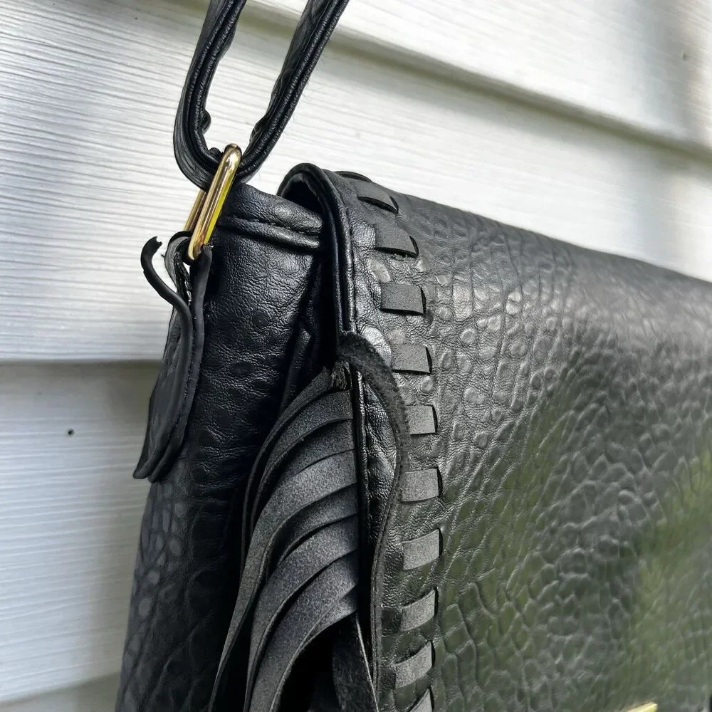 Rampage Black Boho Fringe Crossbody Bag Shoulder Purse Western Textured Pebble
